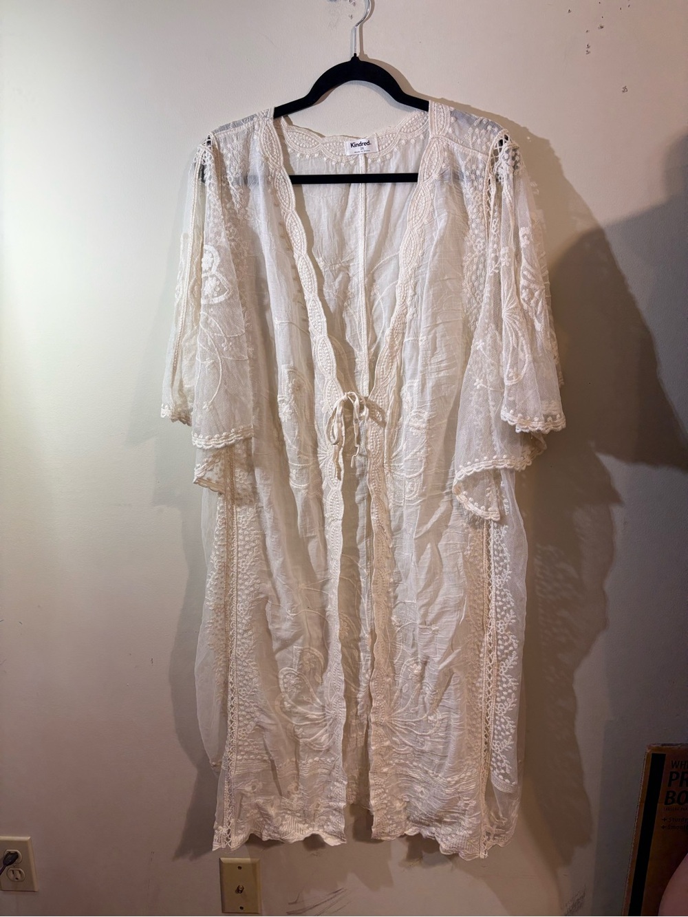 Kindred White Cream Embroidered Kimono Coverup Size 2X Tie Front Lightweight